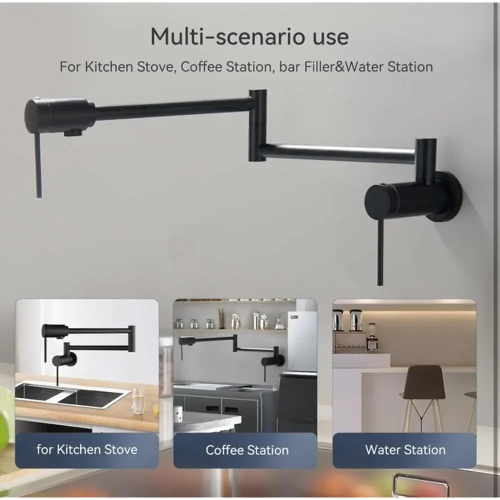 Black Wall Mount Pot Filler Faucet 360° Swivel Folding‎ Swing Arm Built Bearing